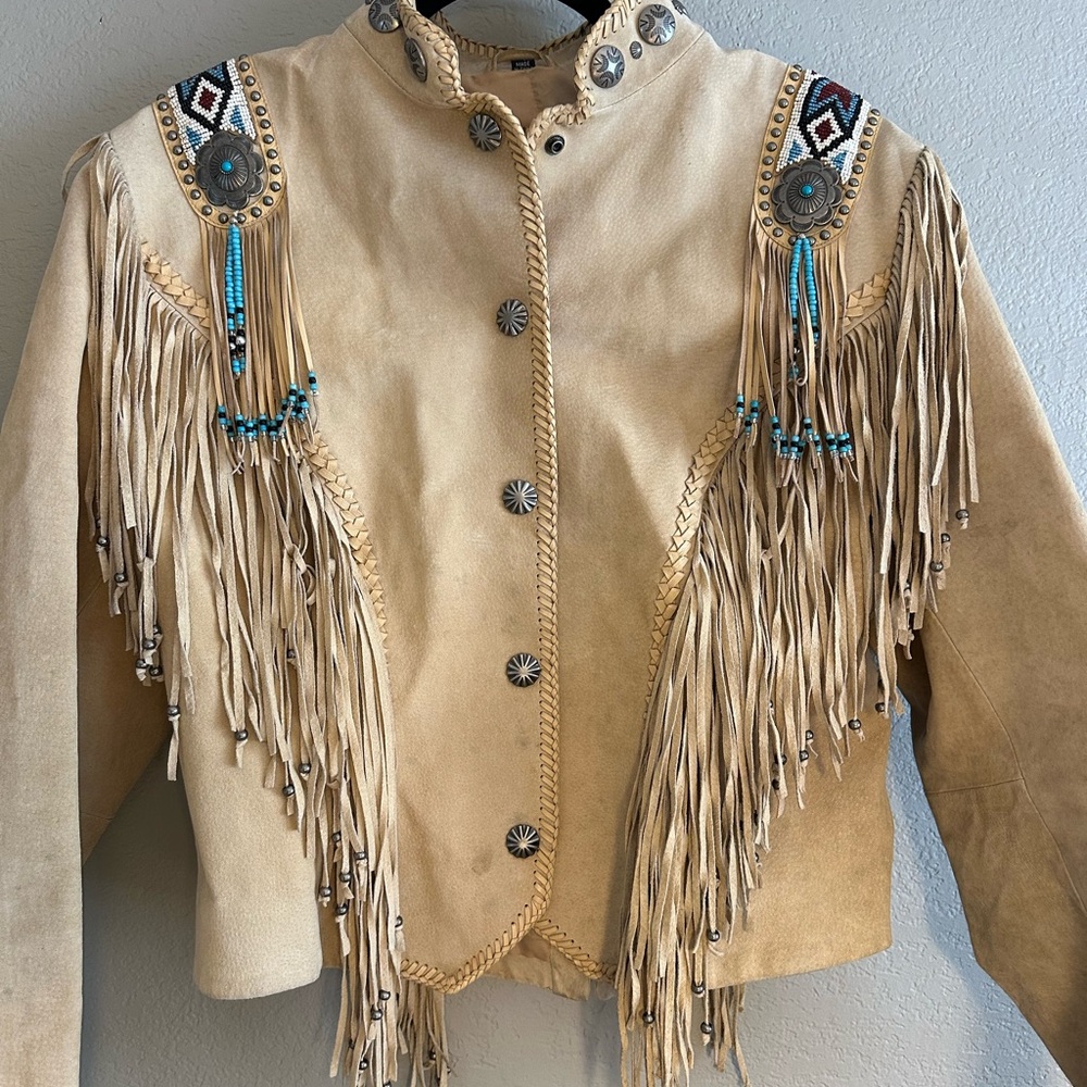 Beige Fringe Women's Leather Jacket